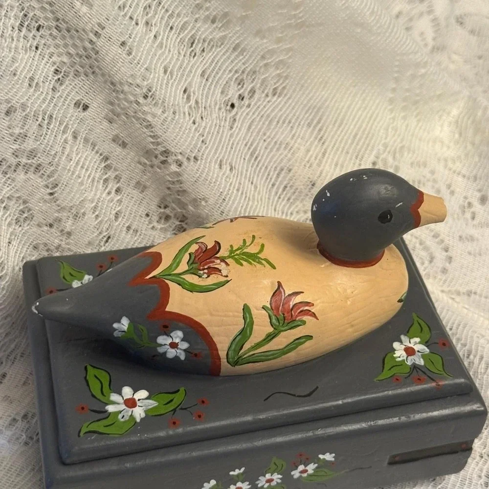 Hand Painted Ceramic Duck Decoy Trinket Box Gray Floral Folk Art Jewelry Box
